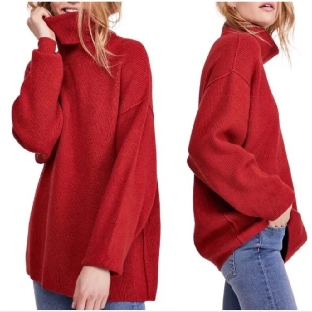 Free People Softly Structured Knit Turtleneck Sweater - Brick Red - Size XS